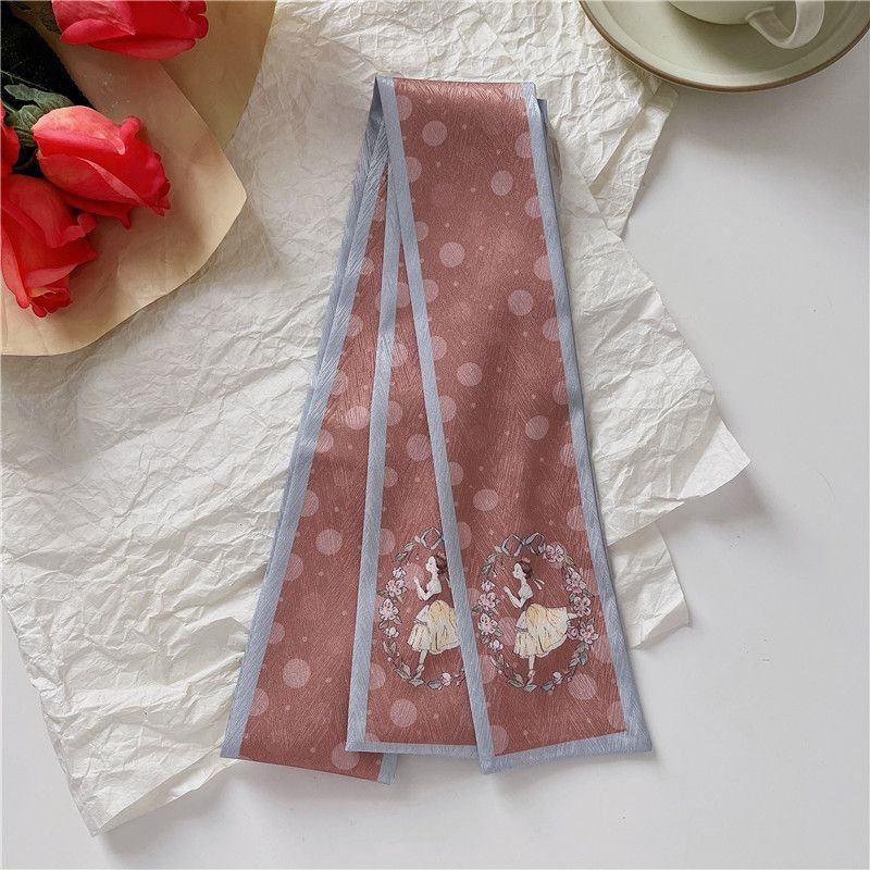 Women Cute Bear Rabbit Print Long Ribbon Silk Scarf