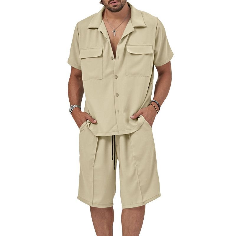 Summer Casual Men Lapel Short Sleeve Shirt Shorts Two-Piece Set