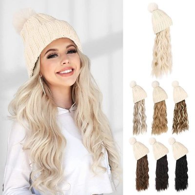 Women Fashion Long Curly Knitted Hat Wig