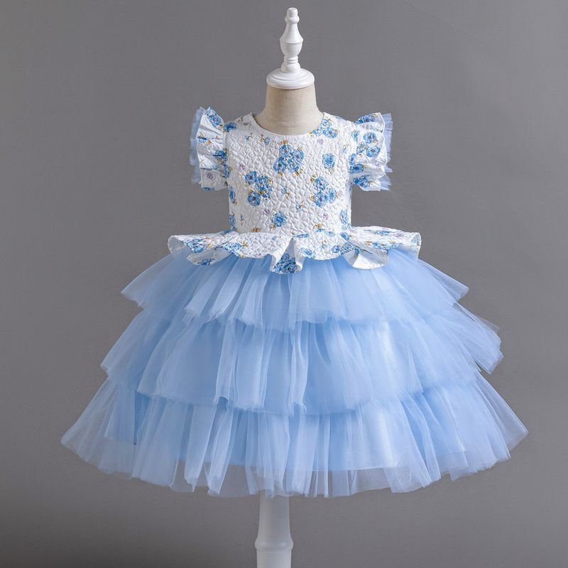 Kids Toddler Girls Fashion Flower Mesh Short Sleeved Party Tutu Dress