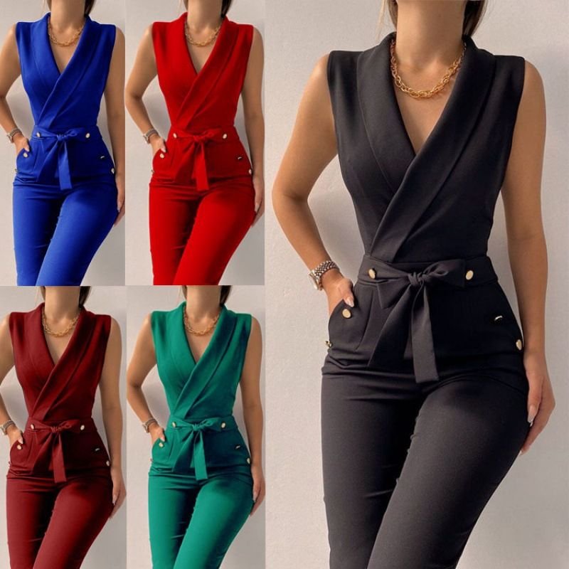 Summer Women Casual V-Neck Sleeveless Lace-Up Slim Fit Jumpsuits