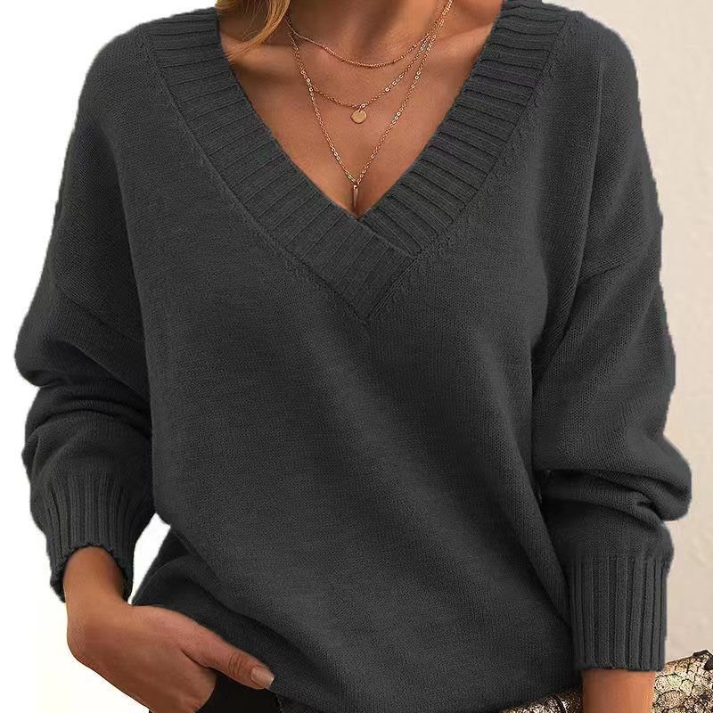 Women Fashion Casual Loose V-Neck Long Sleeve Knitted Sweater