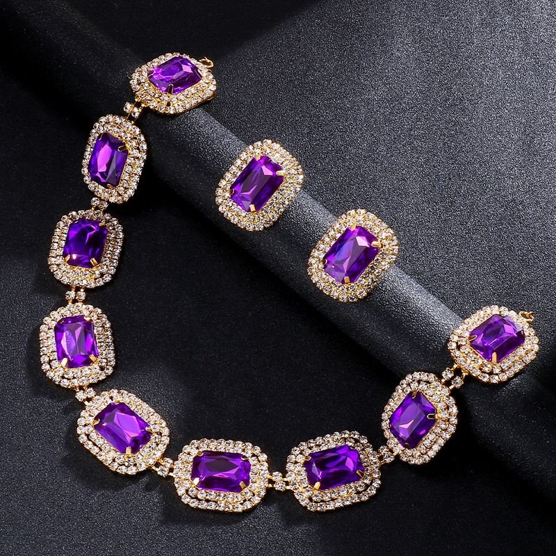 Purple Rhinestone Gemstone Women Exaggerated Necklace Earrings Wedding Party Set