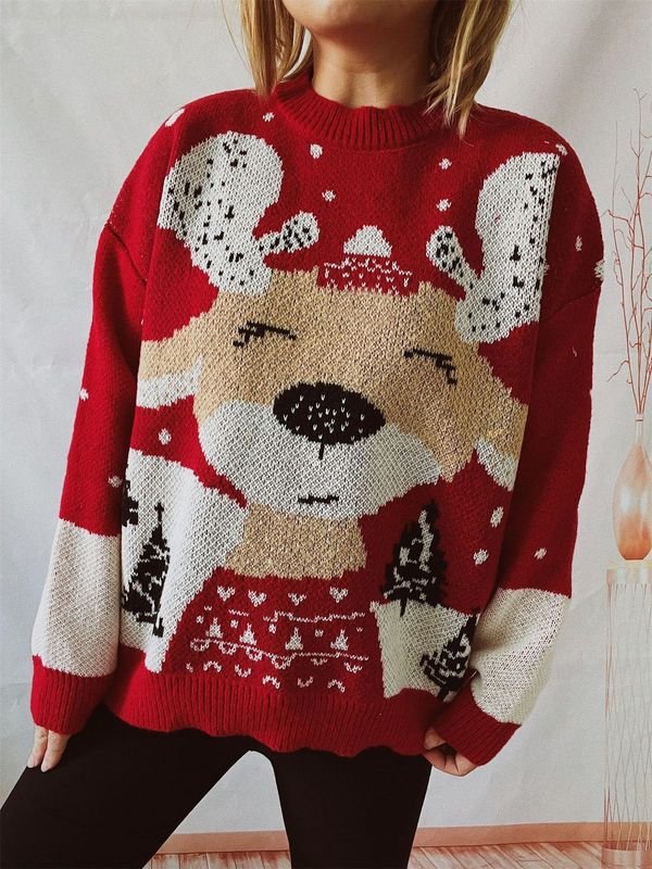 Autumn Winter Women Fashion Christmas Elk Crewneck Long Sleeve Knitted Sweater