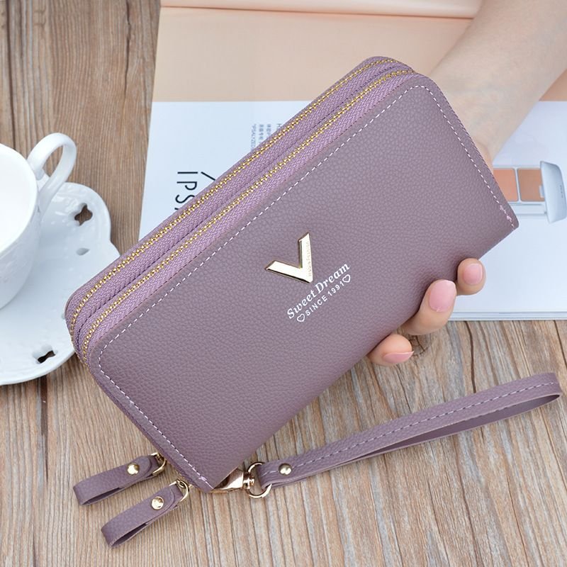 Women Fashion Simple Litchi Pattern Double Zipper Long Purses