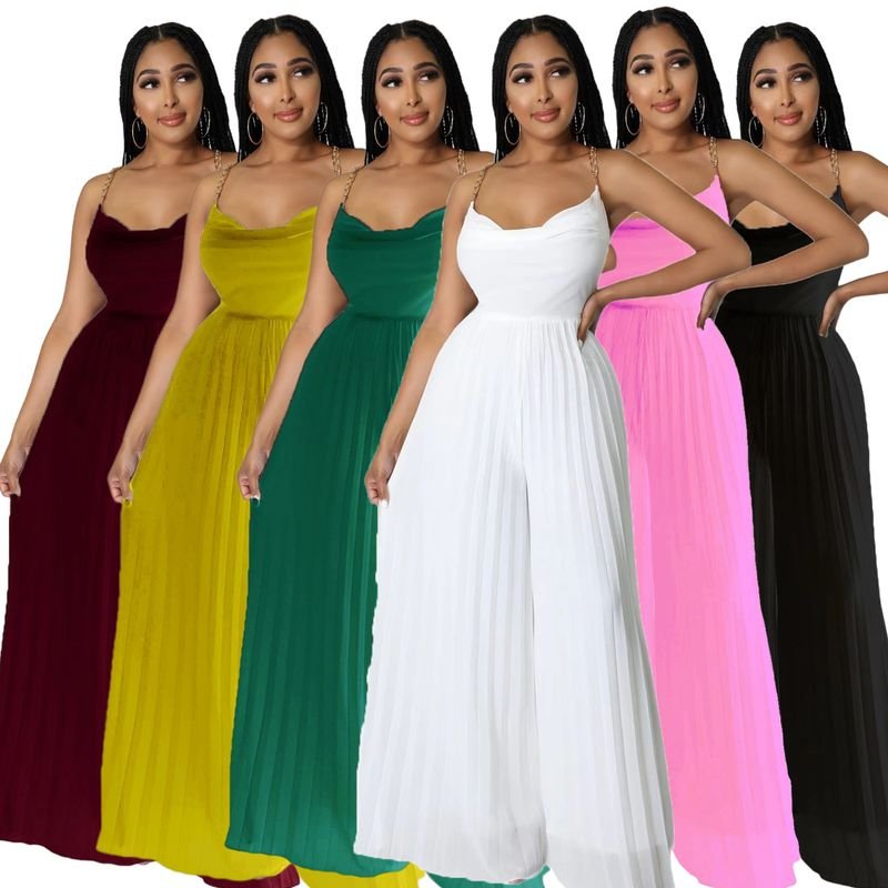 Summer Women Casual Solid Color Chain Strap Backless Pleated Wide Leg Jumpsuits