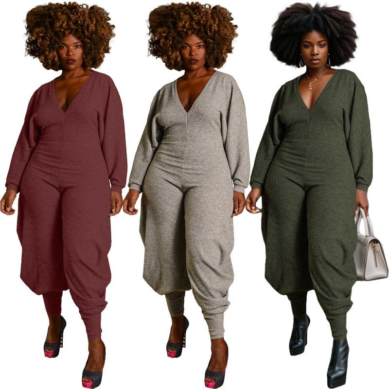 Autumn Winter Women Solid Color Rib-Knit V Neck Jumpsuits