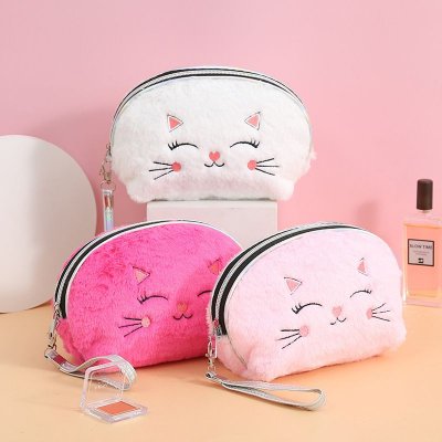 Cute Flannel Embroidery Zipper Washing Storage Cosmetic Bag