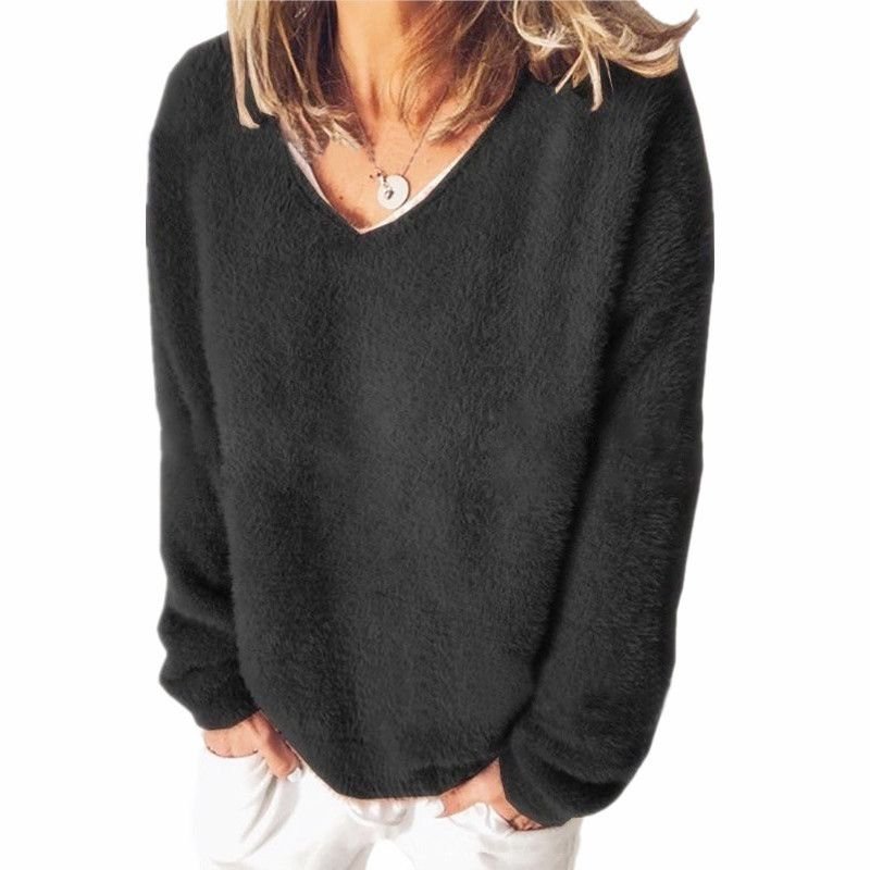 Autumn Winter Women Fashion V-Neck Long Sleeve Solid Color Sweater