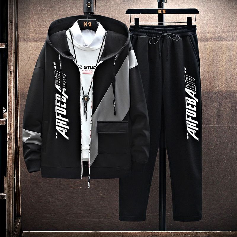 Men Fashion Casual Sports Letters Print Long Sleeve Hooded Coat Trousers Set