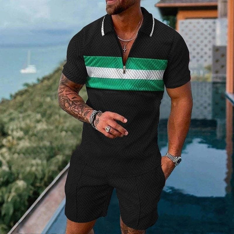 Men Casual Sports 3D Print Plus Size Short Sleeve Lapel Polo Shirt Shorts Set