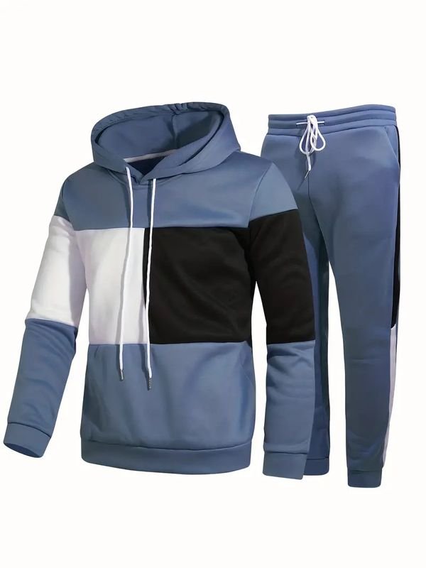 Men Fashion Casual Color Matching Plus Size Long Sleeve Hoodies Trousers Set