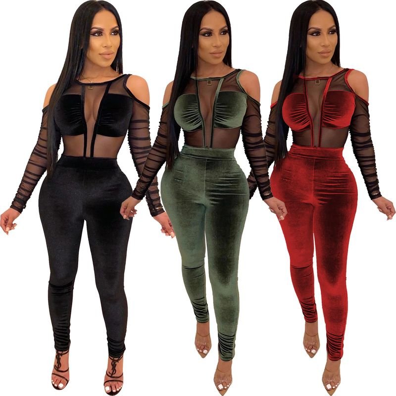 Women Fashion Sexy Sexy Mesh Velvet Stitching Long Sleeve Jumpsuits