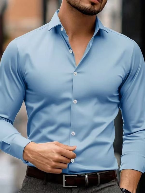 Men Fashion Casual Business Basic Solid Color Plus Size Long Sleeve Lapel Shirt