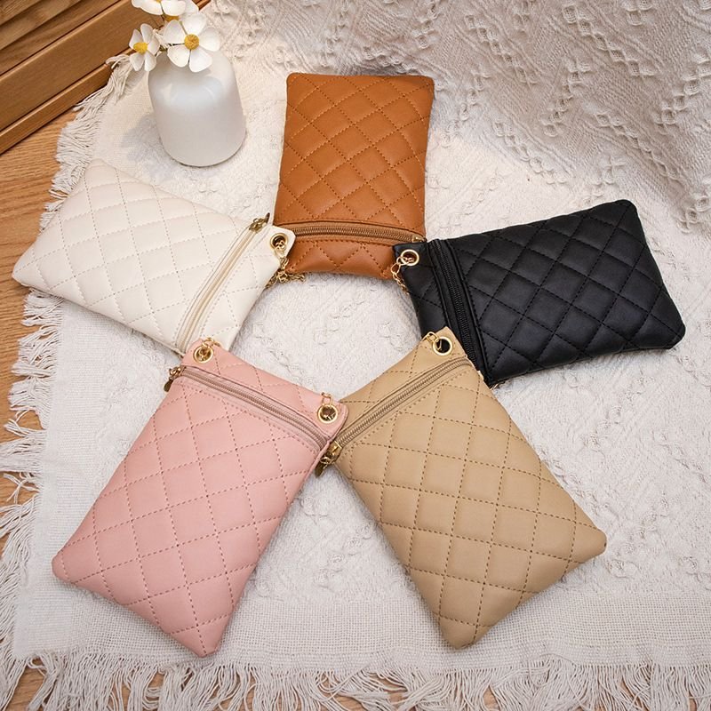 Women Fashion Solid Color Rhombic Zipper Mini Chain Purses