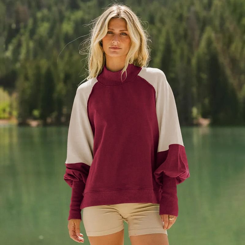 Autumn Winter Women Fashion Loose Colorblock Half-Turtleneck Puff Sleeve Sweatshirt