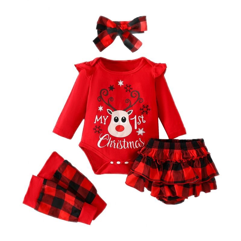 Kids Baby Girls Cute Party Christmas Cartoon Fawn Long Sleeve Romper Plaid Skirt Sets