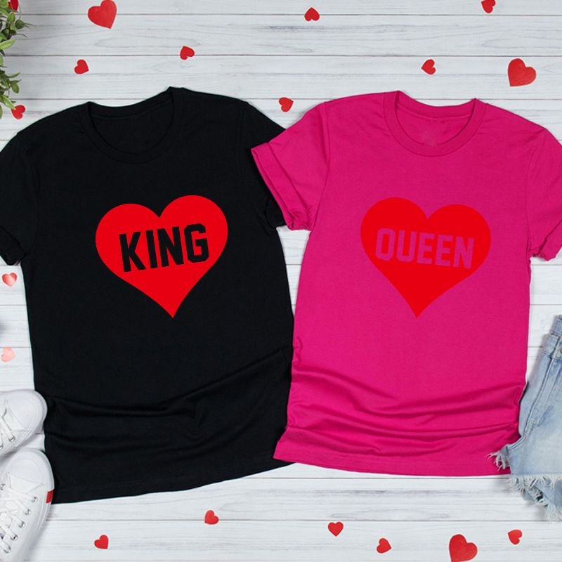 Valentine Day Heart Shape King Queen Letter Print Round Neck Short Sleeve Couple T-Shirt