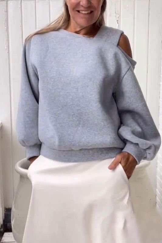 Autumn Winter Women Fashion Solid Color Shoulder Loose Long Sleeve Sweatshirt