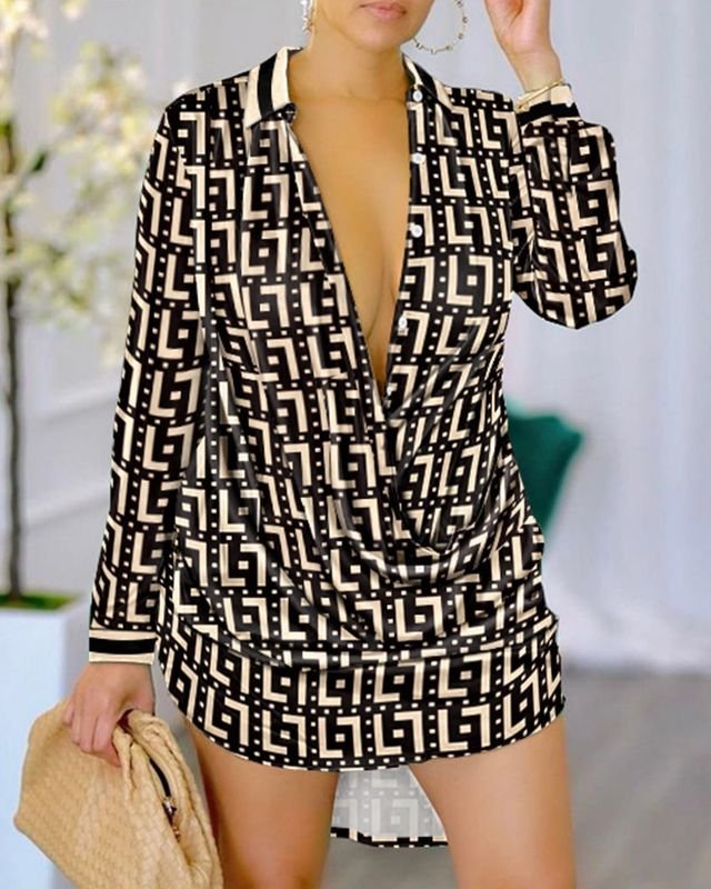 Women Fashion V-Neck Geometric Letter Leopard Print Long Sleeve Shirt