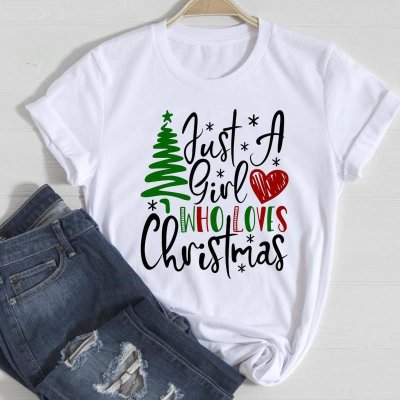 Women Fashion Cartoon Christmas Tree Letter Elk Print Round Neck Short Sleeve T-Shirt