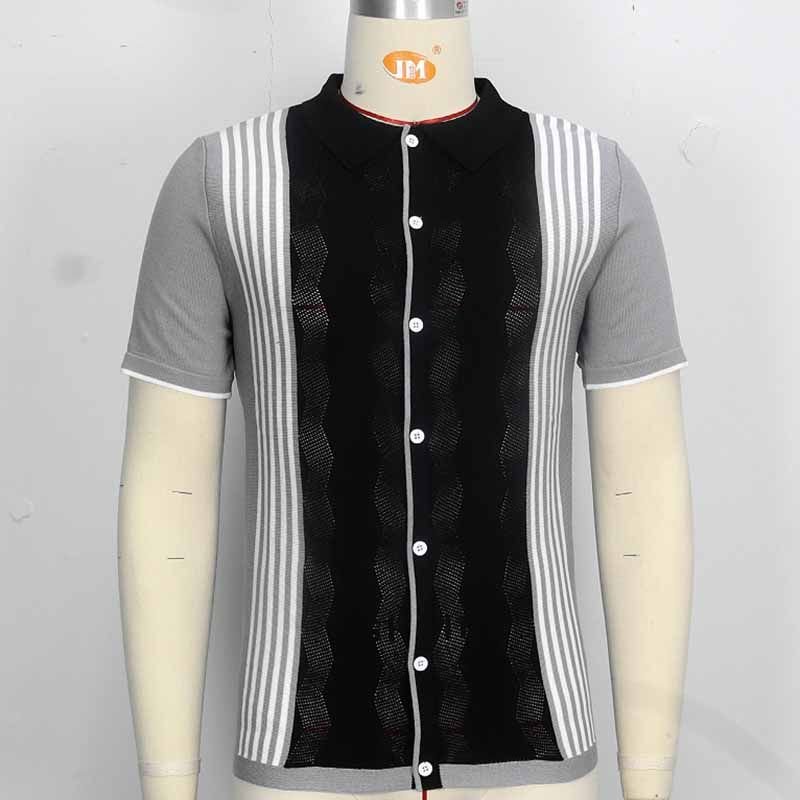 Men Fashion Casual Color Matching Stripe Cardigan Knitted Short Sleeve Lapel Shirt