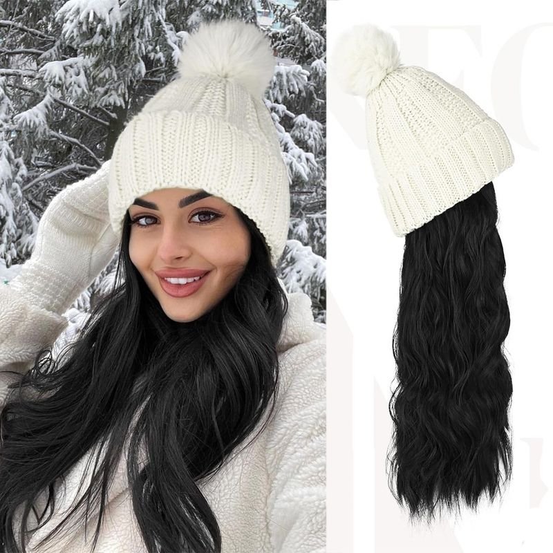 Women Fashion Long Curly Knitted Hat Wig