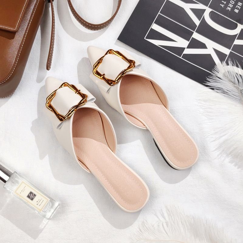 Women Simple Fashion Plus Size Pointed Toe Metal Buckle Detail Mule Shoes