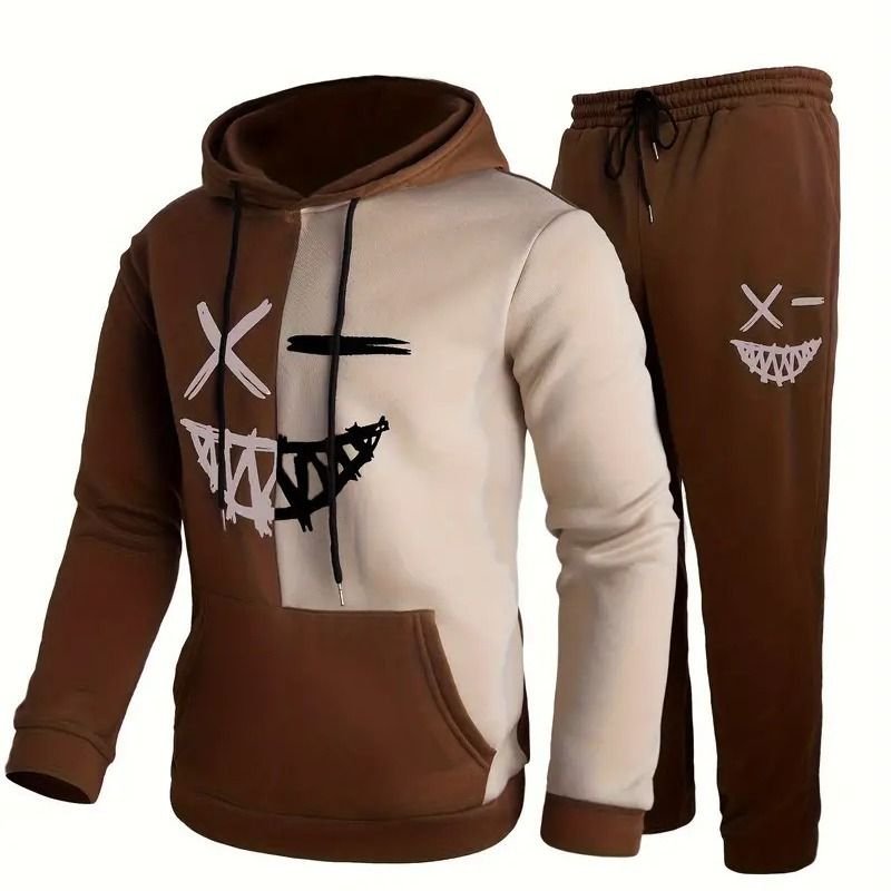 Men Fashion Casual Color Matching Plus Size Long Sleeve Hoodies Trousers Set