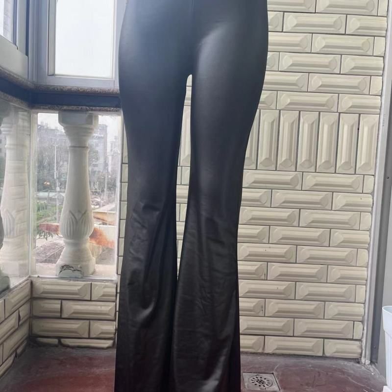 Women Basic Faux Pu Leather Wide Leg Flare Pants