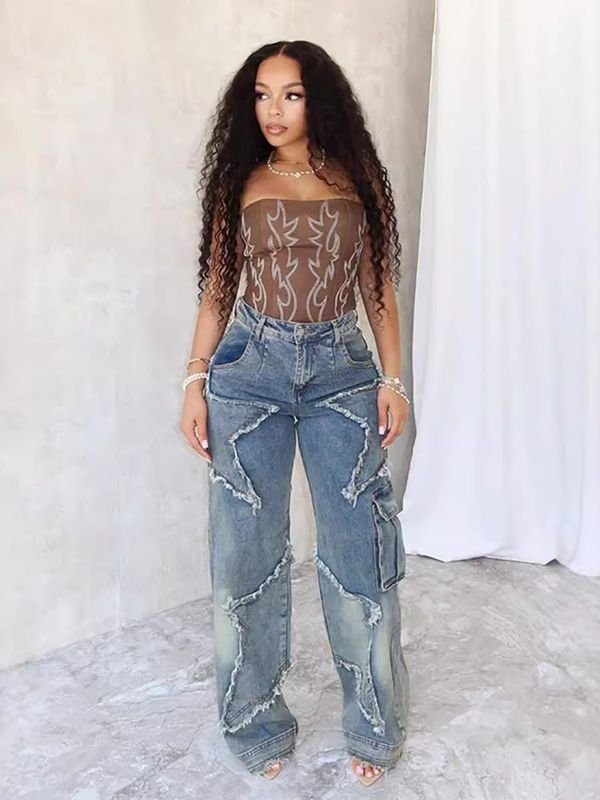 Women Vintage Autumn And Winter Star Tassel Fringe Loose Straight Casual Jeans