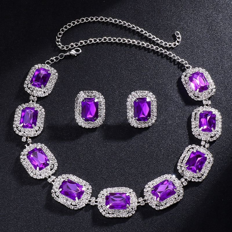 Purple Rhinestone Gemstone Women Exaggerated Necklace Earrings Wedding Party Set