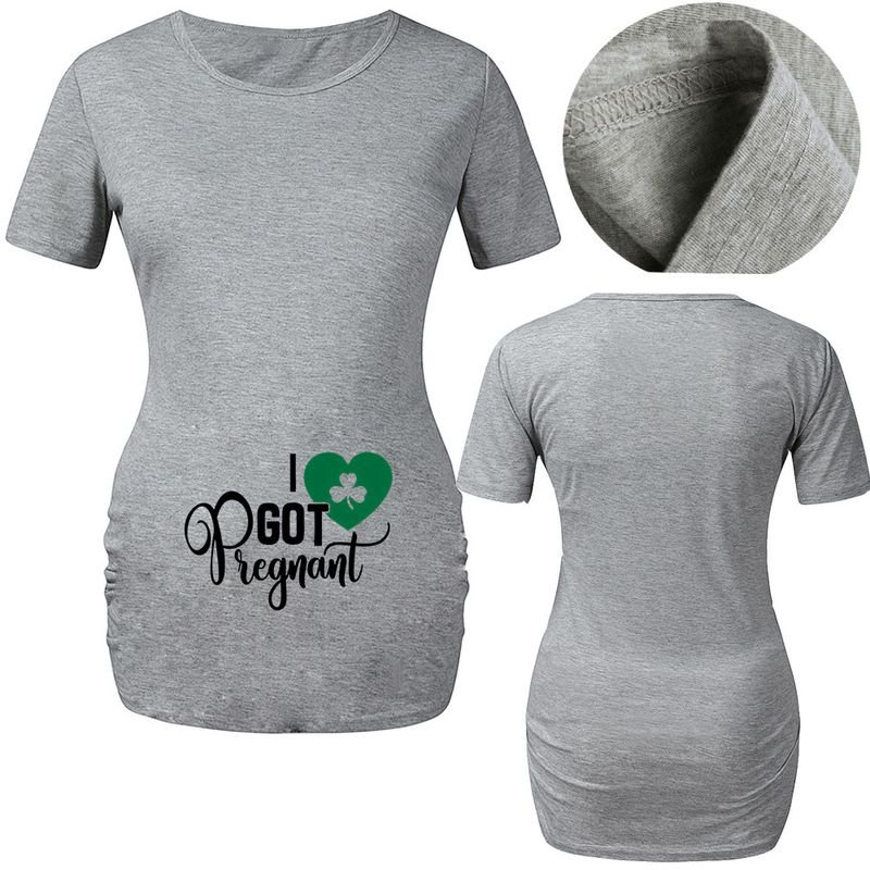 Valentine Day Pregnant Women Fashion Four-Leaf Clover Letter Print Round Neck Short Sleeve Couple T-Shirt