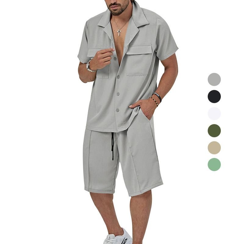 Summer Casual Men Lapel Short Sleeve Shirt Shorts Two-Piece Set