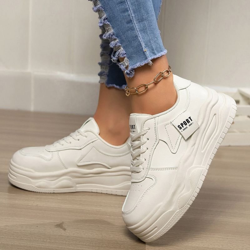 Women Fashion Solid Color Round Toe Thick-Soled Lace-Up Breathable Sneaker