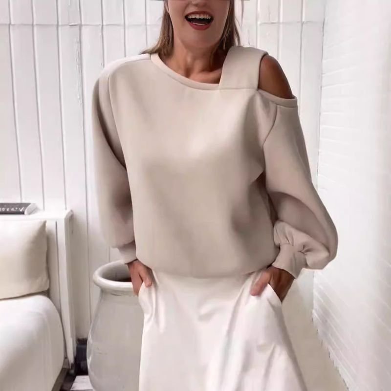 Autumn Winter Women Fashion Solid Color Shoulder Loose Long Sleeve Sweatshirt