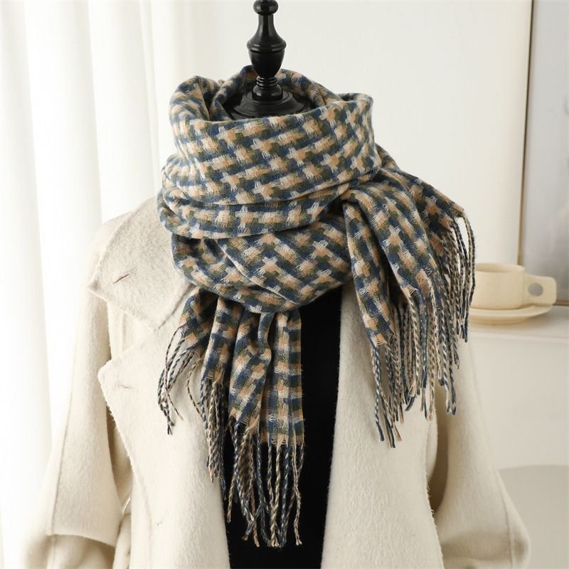 Autumn Winter Women Fashion British Style Geometric Tassel Warm Thickened Scarf