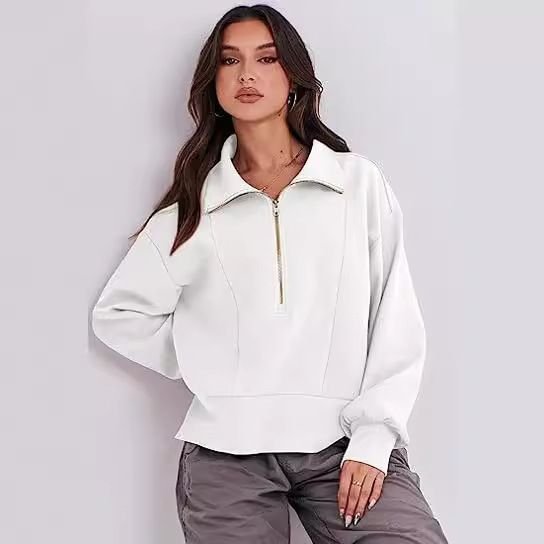 Athleisure Autumn Women Loose Half Zipper Lapel Collar Long Sleeve Sweatshirt