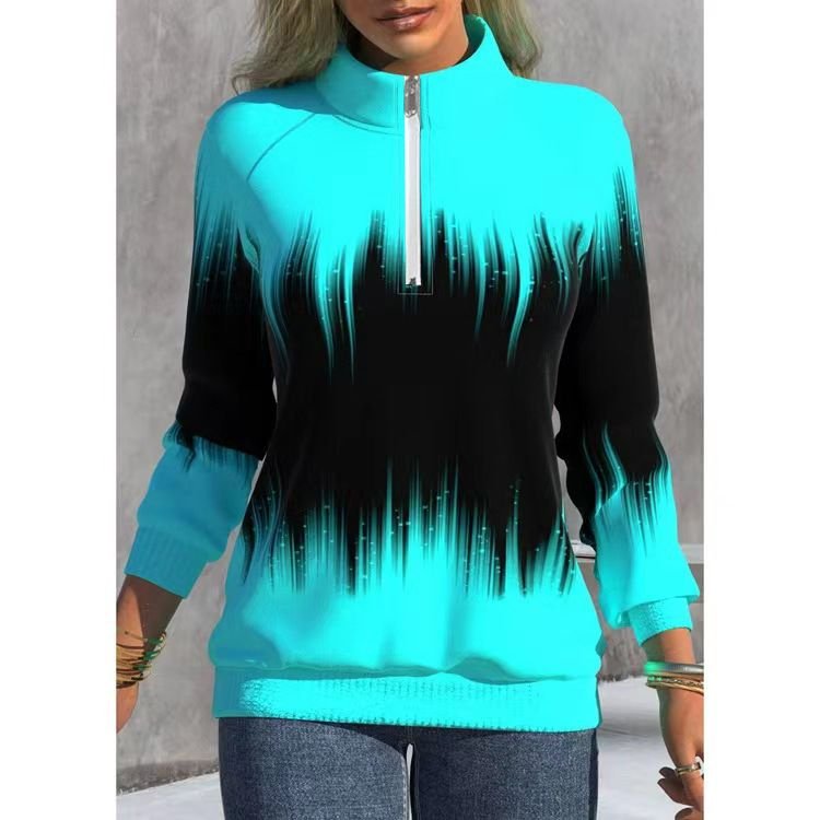 Women Fashion Gradient Print Long Sleeve Zipper Mock Sweatshirt