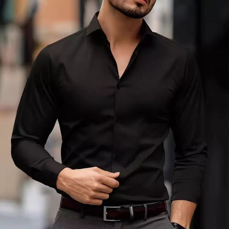 Men Fashion Casual Business Basic Solid Color Plus Size Long Sleeve Lapel Shirt