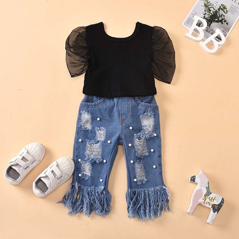 Girls Black Mesh Tops And Imitation Pearls Decor Ripped Jeans