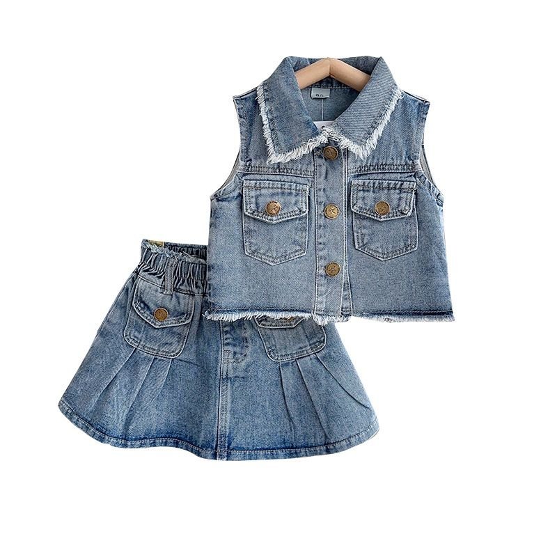 Kids Toddler Big Girls Fashion Casual Retro Denim Sleeveless Lapel Vest Skirt Set