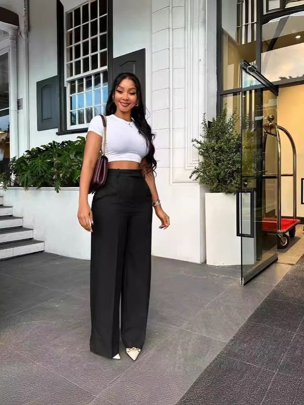 Women Fashion High Waist Straight Wide Leg Pants