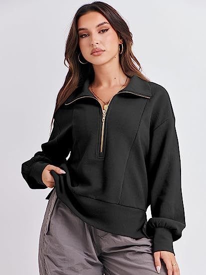 Athleisure Autumn Women Loose Half Zipper Lapel Collar Long Sleeve Sweatshirt