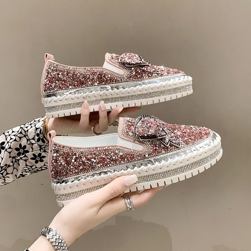 Women Plus Size Fashion Rhinestone Bow Platform Loafers