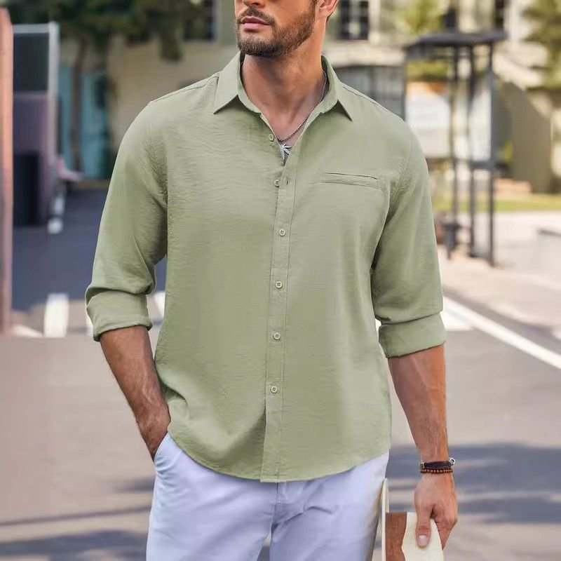 Men Fashion Casual Basic Solid Color Plus Size Long Sleeve Lapel Shirt