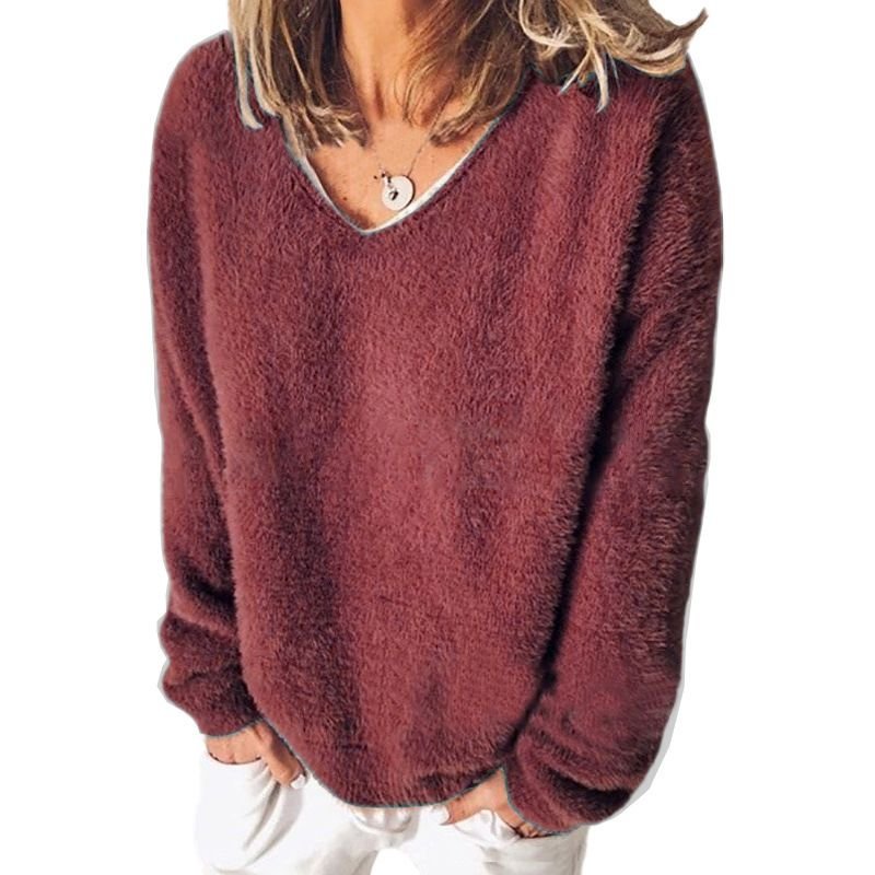 Autumn Winter Women Fashion V-Neck Long Sleeve Solid Color Sweater