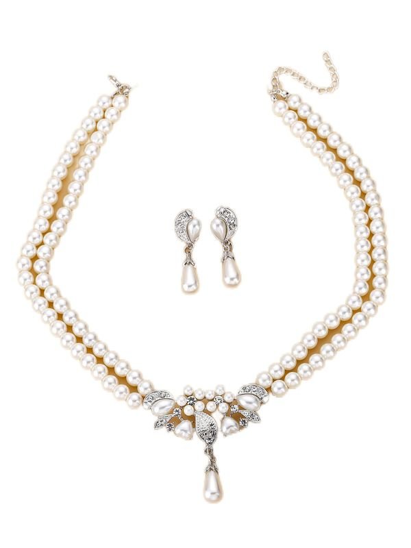 Women Fashion Exaggerated Pearl Rhinestone Necklace Earrings Jewelry Set