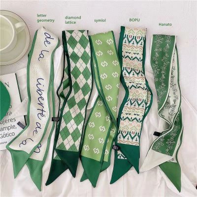 Women Simple Geometric Diamond Print Thin Narrow Ribbon Silk Scarf