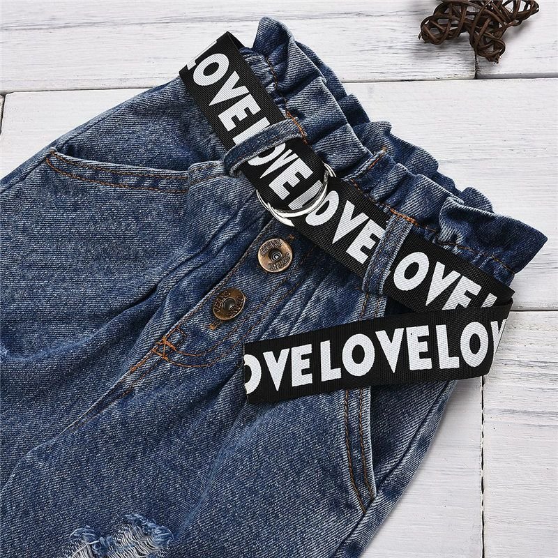 Girls Short Sleeve T-Shirt And Ripped Jeans With Belt Set